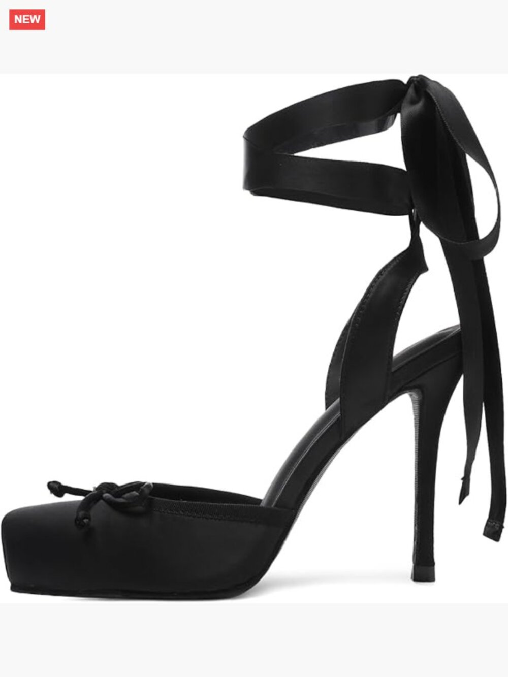 Satin Ballet Heels with Bow Square Toe Lace Up Slingback Pumps
